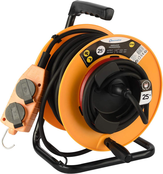 Enrouleur Electrique Professional, 3G2,5mm, 25 MT, avec Bloc 4 Prises Mobile, Platin Fixe, Jaune/Noir