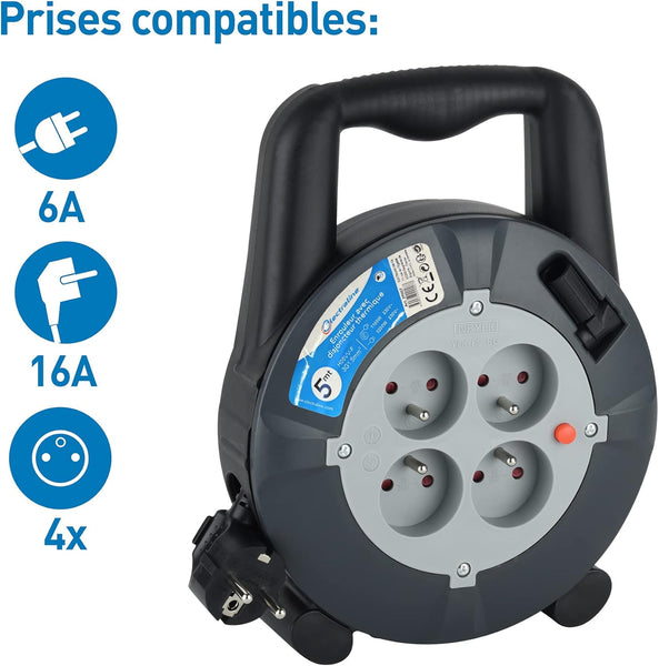 Enrouleur Rallonge Ménager Domestique 5m/10m 16A,Câble H05VV-F, Section 3G1,5 mm²