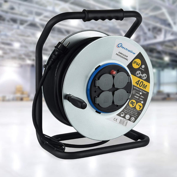 Enrouleur electrique professionnel water proof, IP44,  câble en caoutchouc 3G2.5m㎡ pour chantier, en Métal, 4 Prises avec guide pour le câble, Noir