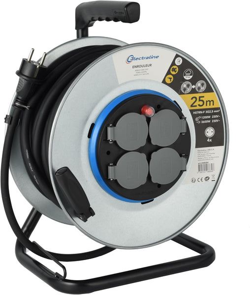 Enrouleur Electrique Professionnel 25m pour chantier en Métal 4 prises IP44 avec Guide pour le câble, Platine fixe et poignée ergonomique