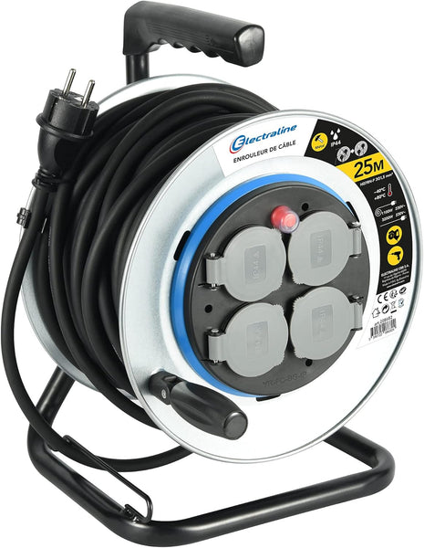 Enrouleur Electrique Professionnel 25m/40m pour Chantier en Métal 4 Prises IP44 avec Guide, Platine Fixe et poignée Ergonomique, Câble en Caoutchouc H07RN-F 3G1.5