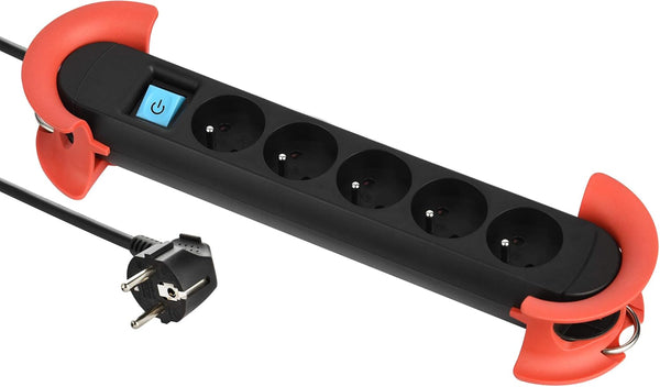 Bloc Multiprises Professionnel de Travail avec Enrouleur de Câble, 5 Prises 16A, Câble 5m, H05VV-F 3G1.5 mm², Noir/Rouge