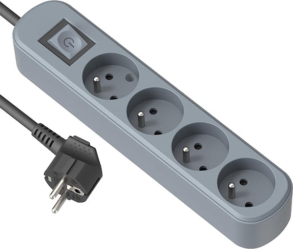 Bloc Multiprise Prima 4 Prises 16A avec Interrupteur, Longueur 1.5 Mètres, Bleu Ardoise/Vert