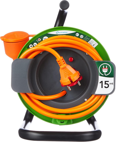 Rallonge Prolongateur Jardin 15M avec enrouleur 16A - Section 2x1,5 mm² Orange/Vert