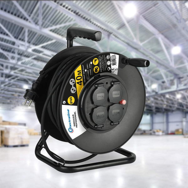 Enrouleur Electrique Professionnel 40M pour Chantier Prises IP44 avec Guide pour Le câble, Platine Fixe et poignée Ergonomique, Noir