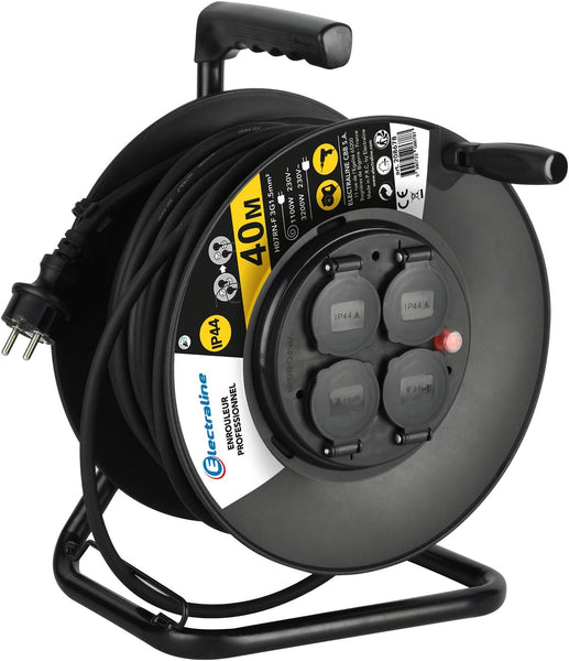 Enrouleur Electrique Professionnel 40M pour Chantier Prises IP44 avec Guide pour Le câble, Platine Fixe et poignée Ergonomique, Noir