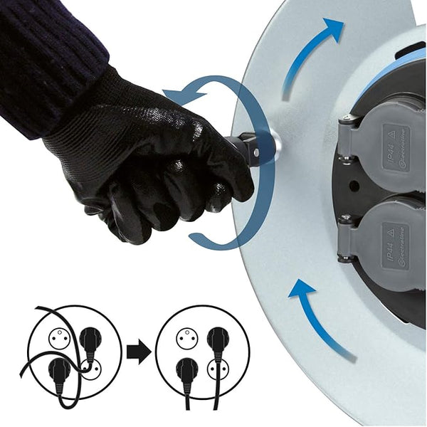 Enrouleur Electrique Professionnel 25m pour chantier en Métal 4 prises IP44 avec Guide pour le câble, Platine fixe et poignée ergonomique
