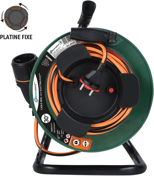 Rallonge Prolongateur Jardín avec Enrouleur Platine Fixe 30m 2x1.5mm avec prise européenne Electralock équipée d'un système de verrouillage qui empêche la déconnexion fiche-prise