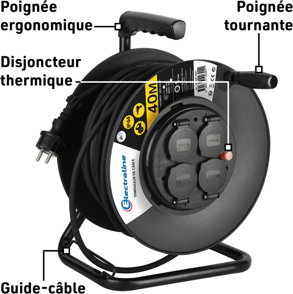 Rallonge Prolongateur électrique IP44 Profesionnelle 25m/40m avec enrouleur Noir - Section 3G1,5 mm²
