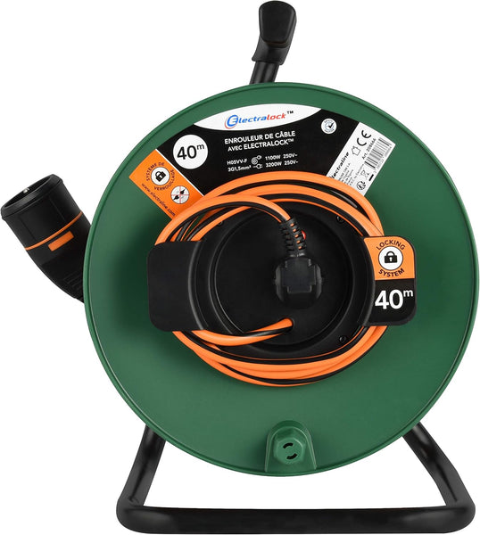Rallonge Prolongateur Jardín avec Enrouleur 40M 3G1.5mm avec Fiche Femelle Français Electralock équipée d'un système de verrouillage qui empêche la déconnexione fiche-prise