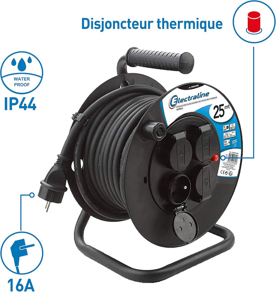 Rallonge Prolongateur électrique IP44 Profesionnelle 25m/40m avec enrouleur Noir - Section 3G1,5 mm²