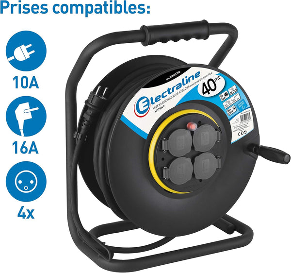 Rallonge Prolongateur électrique IP44 Profesionnelle 40m  avec enrouleur Noir - Section 3G2,5 mm²