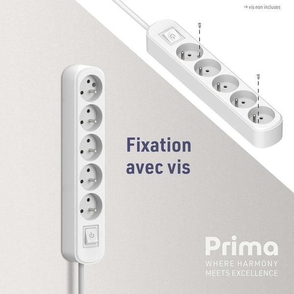 Bloc 5 prises avec interrupteur/fiche plate 1,5m, Blanc/ Noir