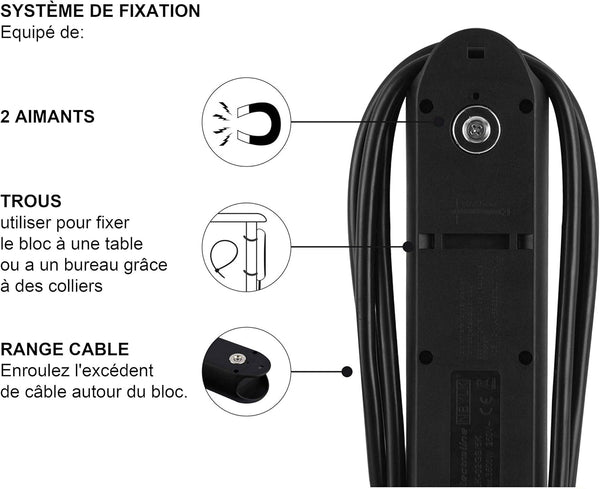 Bloc Multiprises Professionnel de Travail avec 2 aimants pour Fixation, 5 Prises 16A, Câble 3m, H05VV-F 3G1.5 mm², Noir