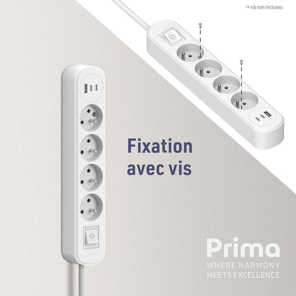 Electraline 35621 Bloc Multiprise Prima 4 Prises 16A + 3 USB (1 USB A + 2 USB C PD20W) avec Interrupteur, Câble 1.5M, Blanc/Noir