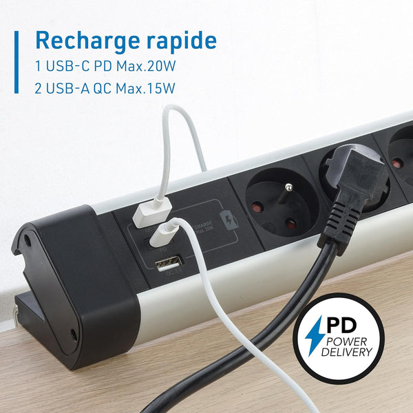 Bloc Multiprise pour Bureaux 3 Prises + 3 USB (1 USB C (Power Delivery) PD20W + 2 USB A 3.0A (QuickCharge), Avec crochets pour fixation sur le bureau + 2 Autocollants Double Face