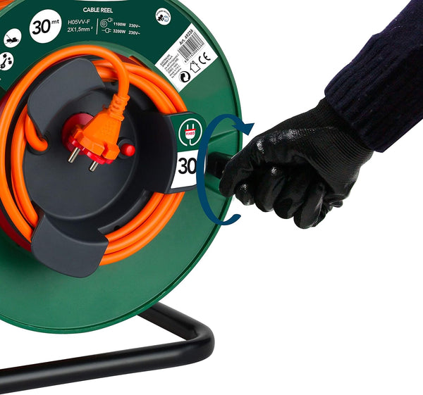 Rallonge Prolongateur,30m, Prise et connecteur européen, Convient aux appareils de Jardinage, avec Protection et Tambour Fixe, Section de câble 2x1,5 mm², Vert