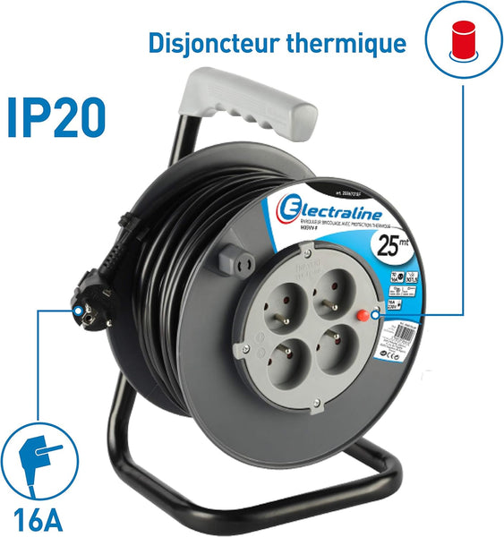 Rallonge Prolongateur électrique 25M/30M avec enrouleur 4 Prises 16 A, section 3G1,5 mm², Gris