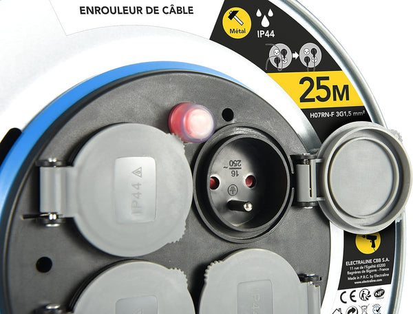 Enrouleur Electrique Professionnel 25m/40m pour Chantier en Métal 4 Prises IP44 avec Guide, Platine Fixe et poignée Ergonomique, Câble en Caoutchouc H07RN-F 3G1.5