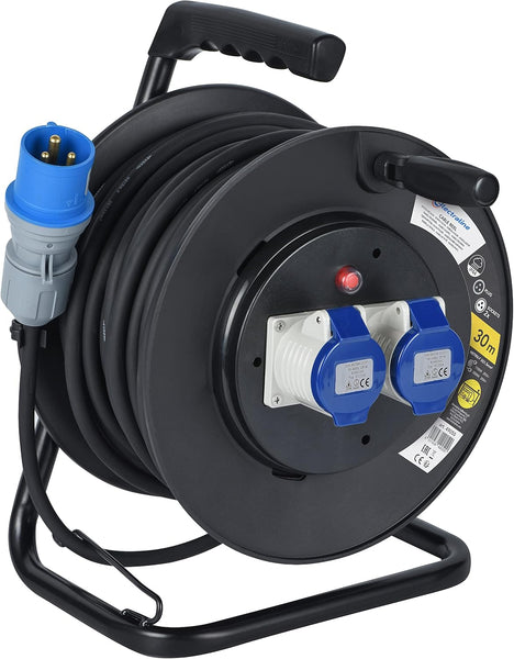 Rallonge Electrique en Caoutchouc avec Enrouleur de Câble de 30m pour Camping-Car, camping, caravane, avec Fiche CEE tripolaire et 2 Prises industrielle IEC - IP44