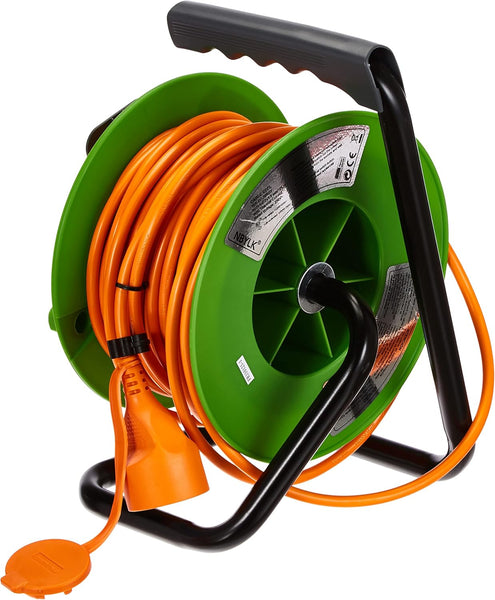Rallonge Prolongateur Jardin 25M/30M/40M/50M avec enrouleur 16A - Section 2x1,5 mm², Orange/Vert, Prise - 2 Broches (EU)