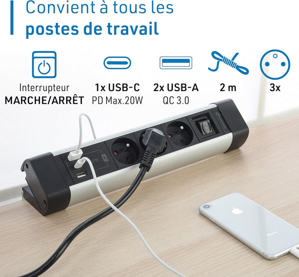 Bloc Multiprise pour Bureaux 3 Prises + 3 USB (1 USB C (Power Delivery) PD20W + 2 USB A 3.0A (QuickCharge), Avec crochets pour fixation sur le bureau + 2 Autocollants Double Face