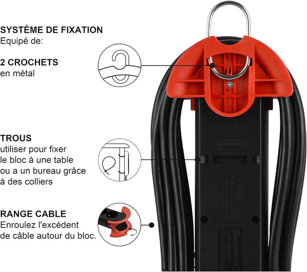 Bloc Multiprises Professionnel de Travail avec Enrouleur de Câble, 5 Prises 16A, Câble 5m, H05VV-F 3G1.5 mm², Noir/Rouge