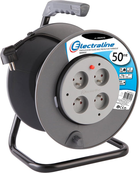 Rallonge Prolongateur électrique 40M/50M avec enrouleur 4 Prises, 16A section 3G1,5 mm², Gris