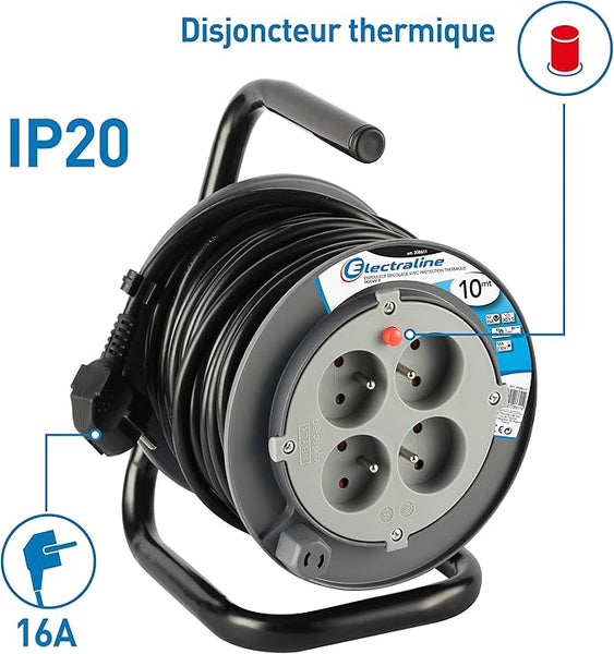 Rallonge Prolongateur électrique 10M/15M avec enrouleur 4 Prises 16 A section 3G1,5 mm² Gris
