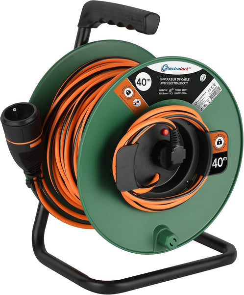 Rallonge Prolongateur Jardín avec Enrouleur 40M 3G1.5mm avec Fiche Femelle Français Electralock équipée d'un système de verrouillage qui empêche la déconnexione fiche-prise