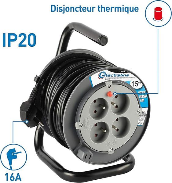 Rallonge Prolongateur électrique 10M/15M avec enrouleur 4 Prises 16 A section 3G1,5 mm² Gris