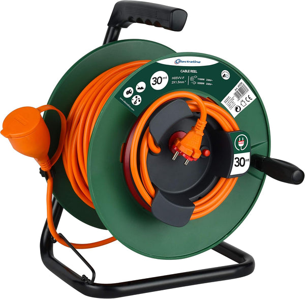 Rallonge Prolongateur,30m, Prise et connecteur européen, Convient aux appareils de Jardinage, avec Protection et Tambour Fixe, Section de câble 2x1,5 mm², Vert