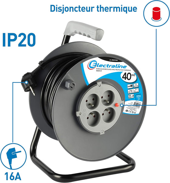 Rallonge Prolongateur électrique 40M/50M avec enrouleur 4 Prises, 16A section 3G1,5 mm², Gris