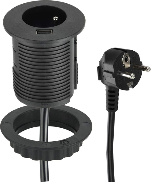 Bloc Multiprise Encastrable Compacte avec 1 Prise + 1 Port USB 2.0A Charge Rapide, pour Bureau/Table, 60 mm de diamètre, Facile a Installer, prolongateur de 2m de câble, Noir