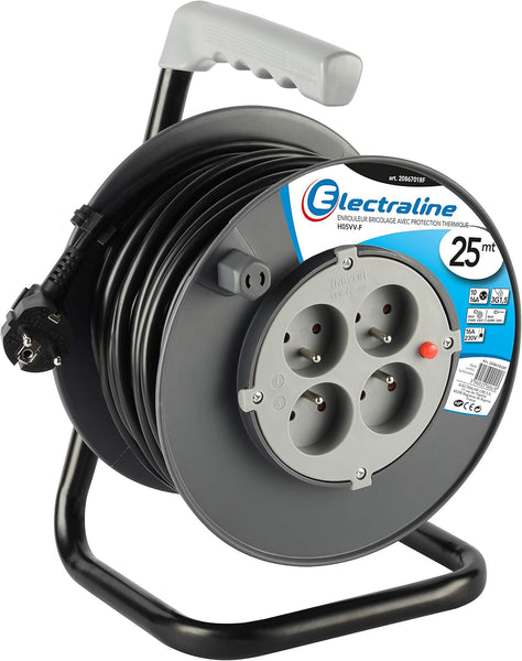 Rallonge Prolongateur électrique 25M/30M avec enrouleur 4 Prises 16 A, section 3G1,5 mm², Gris