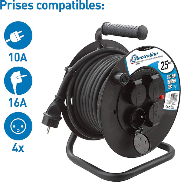 Rallonge Prolongateur électrique IP44 Profesionnelle 25m/40m avec enrouleur Noir - Section 3G1,5 mm²