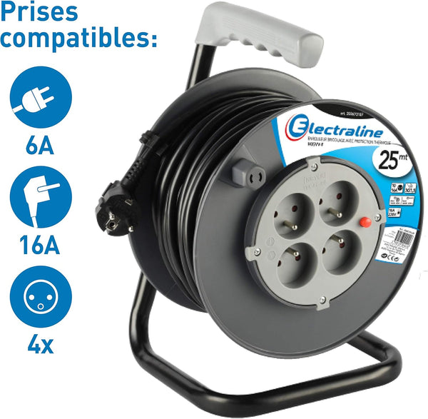 Rallonge Prolongateur électrique 25M/30M avec enrouleur 4 Prises 16 A, section 3G1,5 mm², Gris