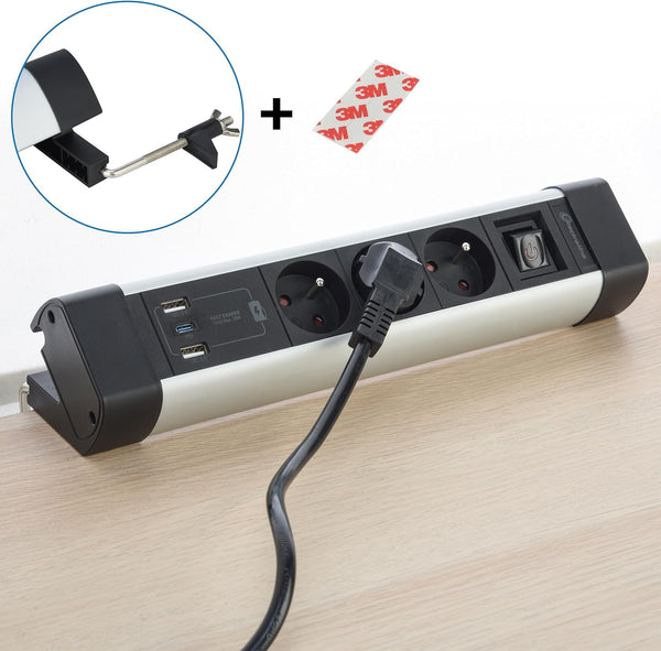 Bloc Multiprise pour Bureaux 3 Prises + 3 USB (1 USB C (Power Delivery) PD20W + 2 USB A 3.0A (QuickCharge), Avec crochets pour fixation sur le bureau + 2 Autocollants Double Face