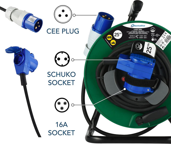 Rallonge Electrique en Caoutchouc avec Enrouleur de Câble Car, Camping, Caravane, avec Fiche CEE tripolaire et Un Price Industrielle IEC-IP44, Vert/Noir, 25m