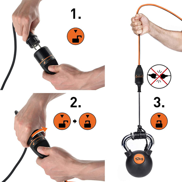 Rallonge Prolongateur 10m/20m/40m 3G1.5mm Femelle Français Electralock équipée d'un système de Verrouillage qui empêche la déconnexione fiche-Prise, Noir/Orange