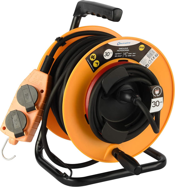 Enrouleur Electrique Professional, 3G1,5mm, 30m, avec Bloc 4 Prises Mobile, Platin Fixe, Jaune/Noir