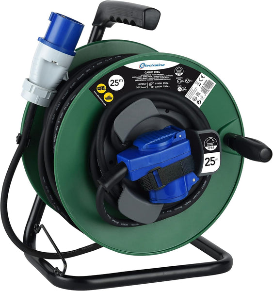 Rallonge Electrique en Caoutchouc avec Enrouleur de Câble Car, Camping, Caravane, avec Fiche CEE tripolaire et Un Price Industrielle IEC-IP44, Vert/Noir, 25m
