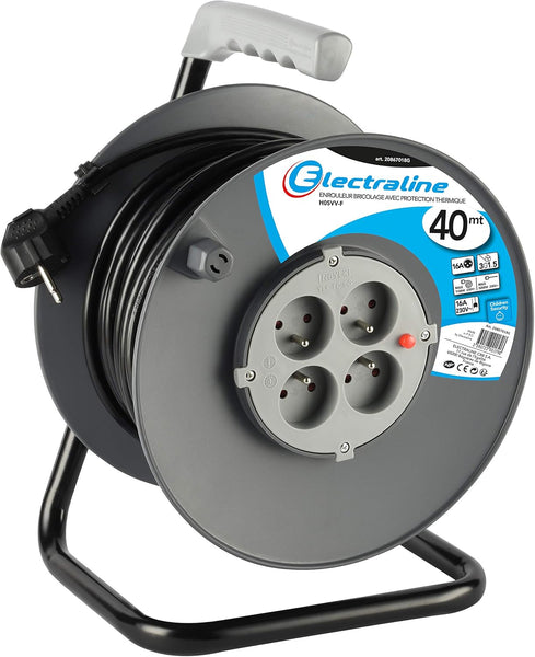 Rallonge Prolongateur électrique 40M/50M avec enrouleur 4 Prises, 16A section 3G1,5 mm², Gris