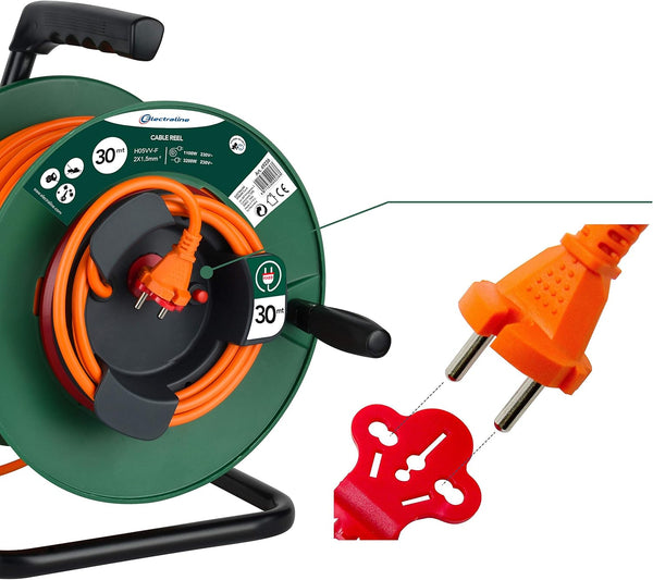 Rallonge Prolongateur,30m, Prise et connecteur européen, Convient aux appareils de Jardinage, avec Protection et Tambour Fixe, Section de câble 2x1,5 mm², Vert
