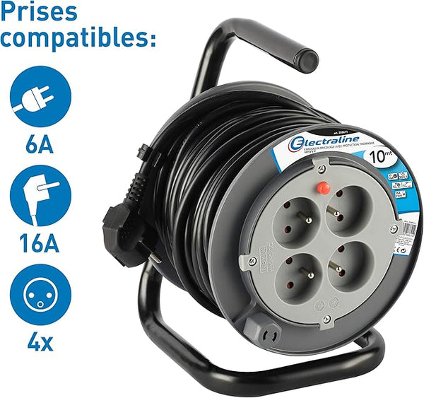 Rallonge Prolongateur électrique 10M/15M avec enrouleur 4 Prises 16 A section 3G1,5 mm² Gris