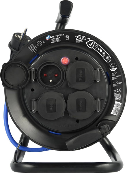 Rallonge Prolongateur électrique Outdoor Profesionnelle avec Enrouleur 25M, Câble spécial AT-N05V3V3-F 3G1.5, utilisable jusqu'à -35 °C, résistant aux UV, huiles, 4 Prises 16A IP44