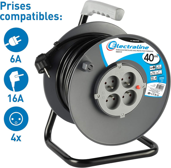 Rallonge Prolongateur électrique 40M/50M avec enrouleur 4 Prises, 16A section 3G1,5 mm², Gris