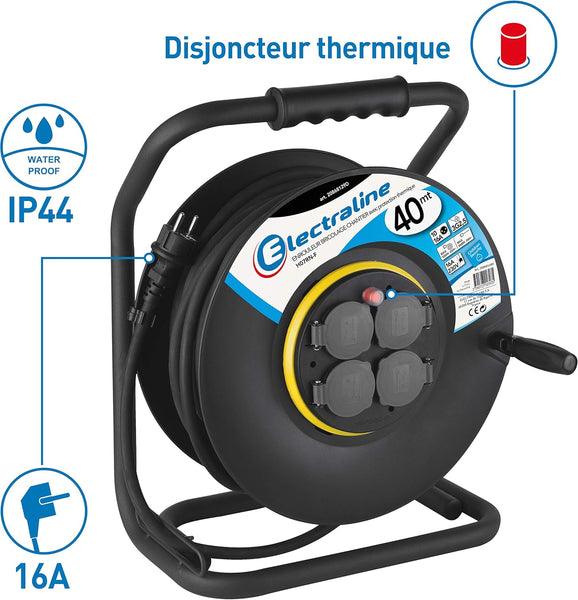 Rallonge Prolongateur électrique IP44 Profesionnelle 40m  avec enrouleur Noir - Section 3G2,5 mm²