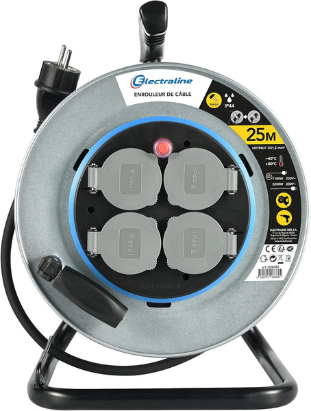 Enrouleur Electrique Professionnel 25m/40m pour Chantier en Métal 4 Prises IP44 avec Guide, Platine Fixe et poignée Ergonomique, Câble en Caoutchouc H07RN-F 3G1.5
