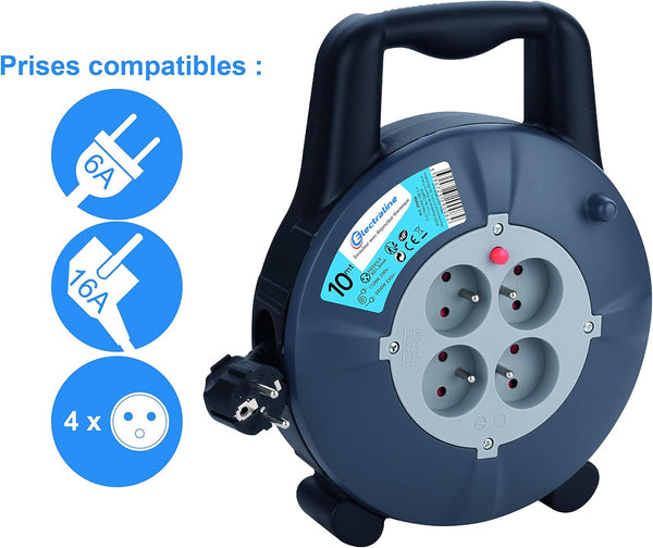 Enrouleur Rallonge Ménager Domestique 5m/10m 16A,Câble H05VV-F, Section 3G1,5 mm²
